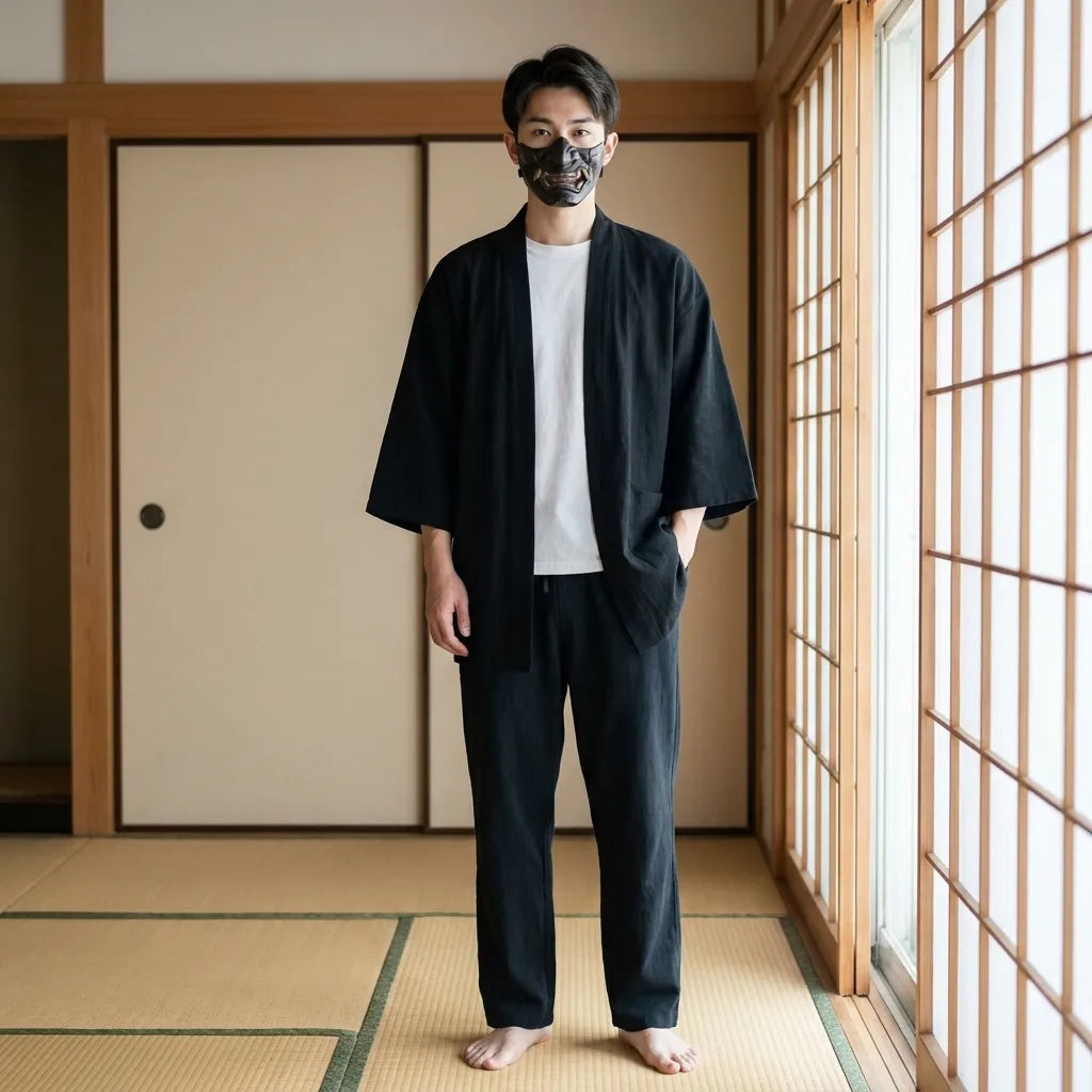 Modell trägt schwarze Haori Jacke im Kimono-Cardigan-Stil