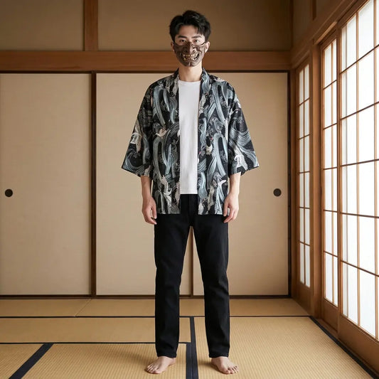 Mann trägt Haori Jacke im Kimono-Stil in traditionellem Washitsu-Raum, Frontansicht