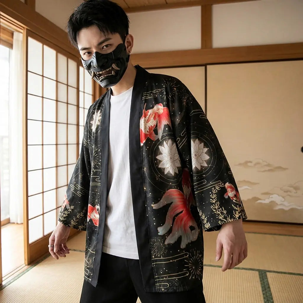 Mann trägt Haori Kimono Jacke mit Koi Print in traditionellem japanischen Zimmer