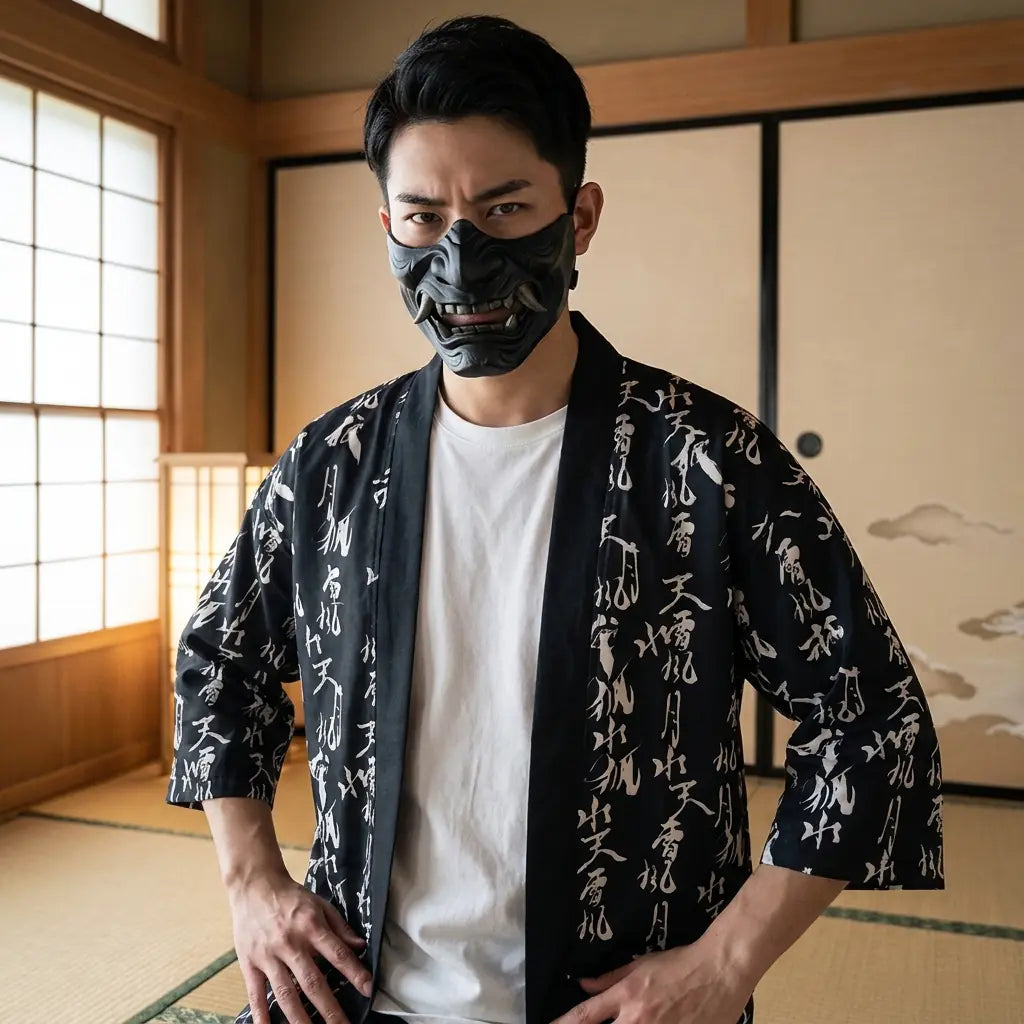 Mann trägt eine Haori Jacke mit Kanji Print in einem traditionellen japanischen Zimmer