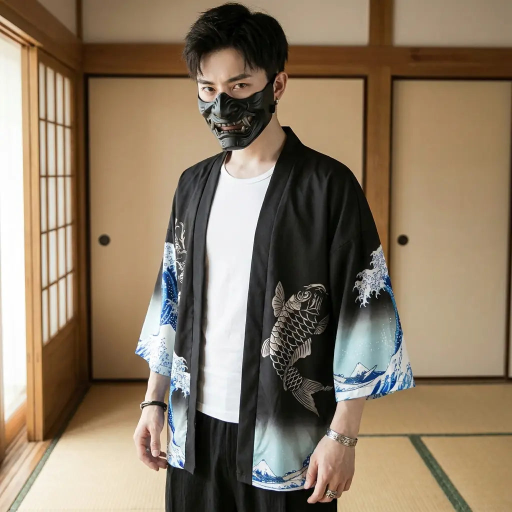 Mann trägt Haori Jacke mit Wellenprint in traditionellem japanischen Wohnraum, Frontalansicht