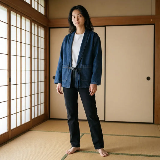 Frau trägt blaue Haori Jacke in Raum mit Tatami und Shoji Trennwänden