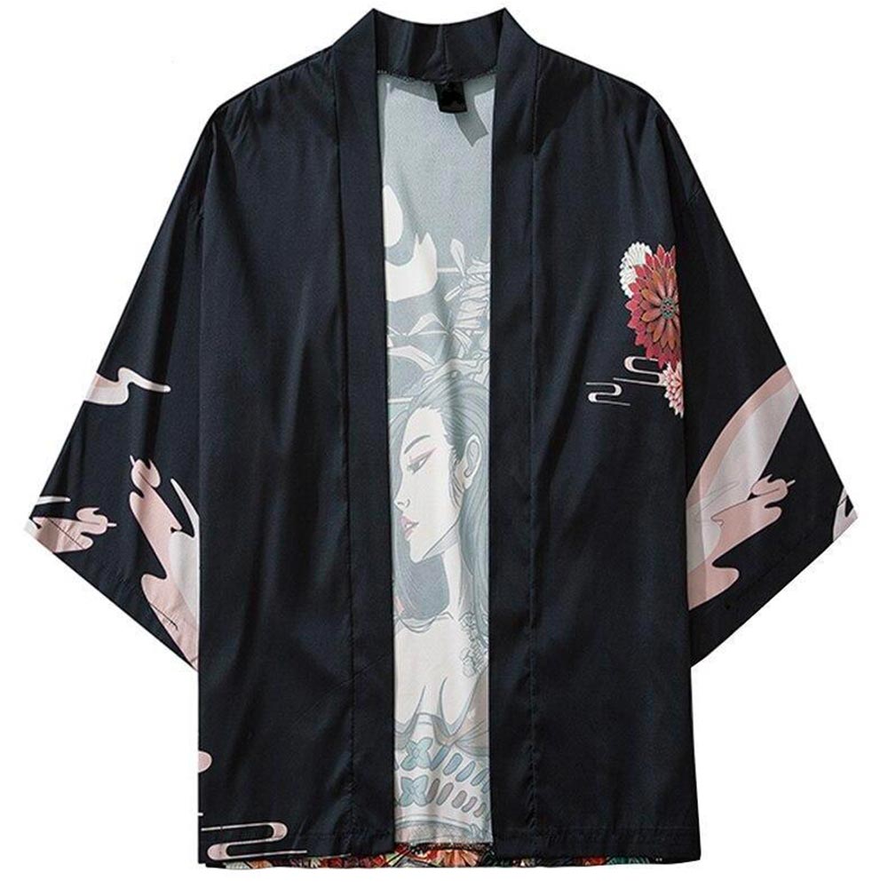 Schwarze Anime Haori Jacke mit japanischen Mustern