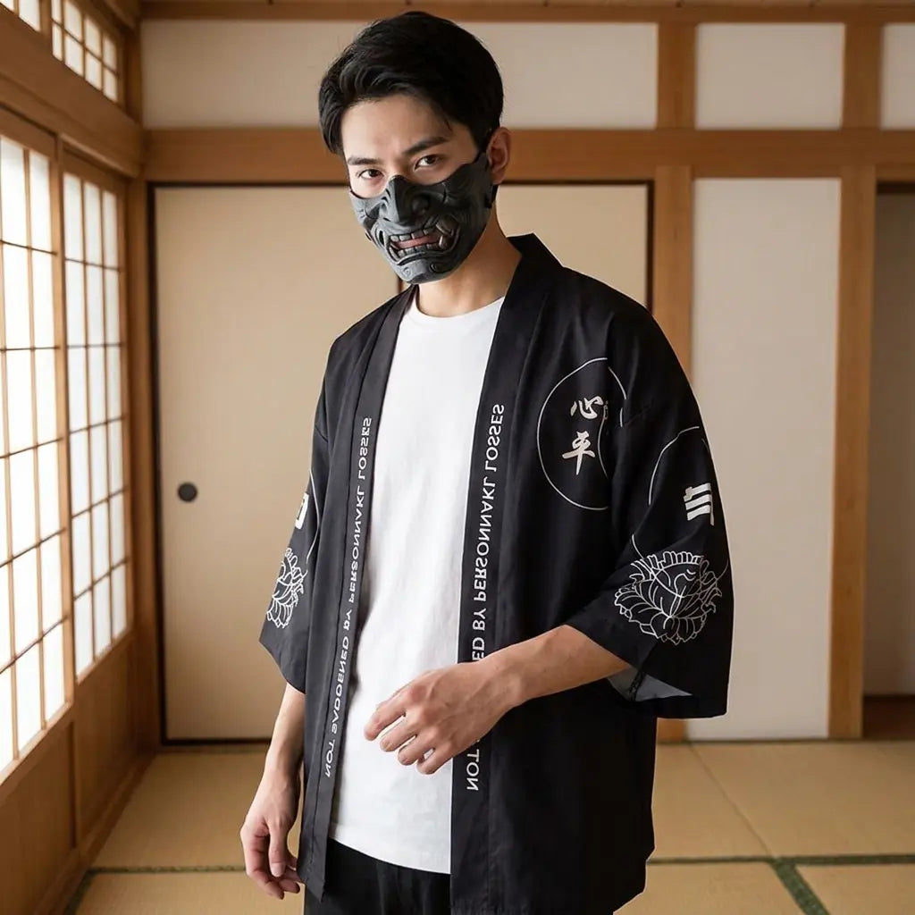 Mann trägt Haori Jacke im Kimono-Stil in traditionellem japanischem Raum