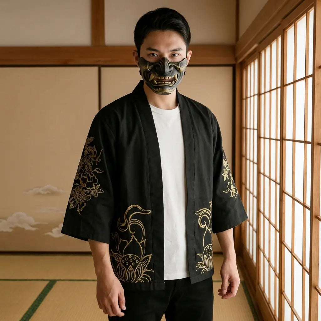 Mann trägt Haori Jacke mit Kitsune Muster in japanischem Washitsu Raum, Frontansicht