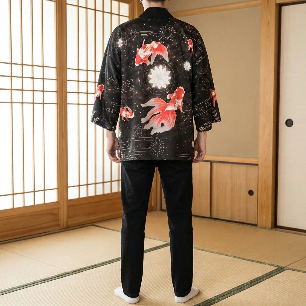 Rückansicht der Haori Jacke mit vollflächigem Koi Print