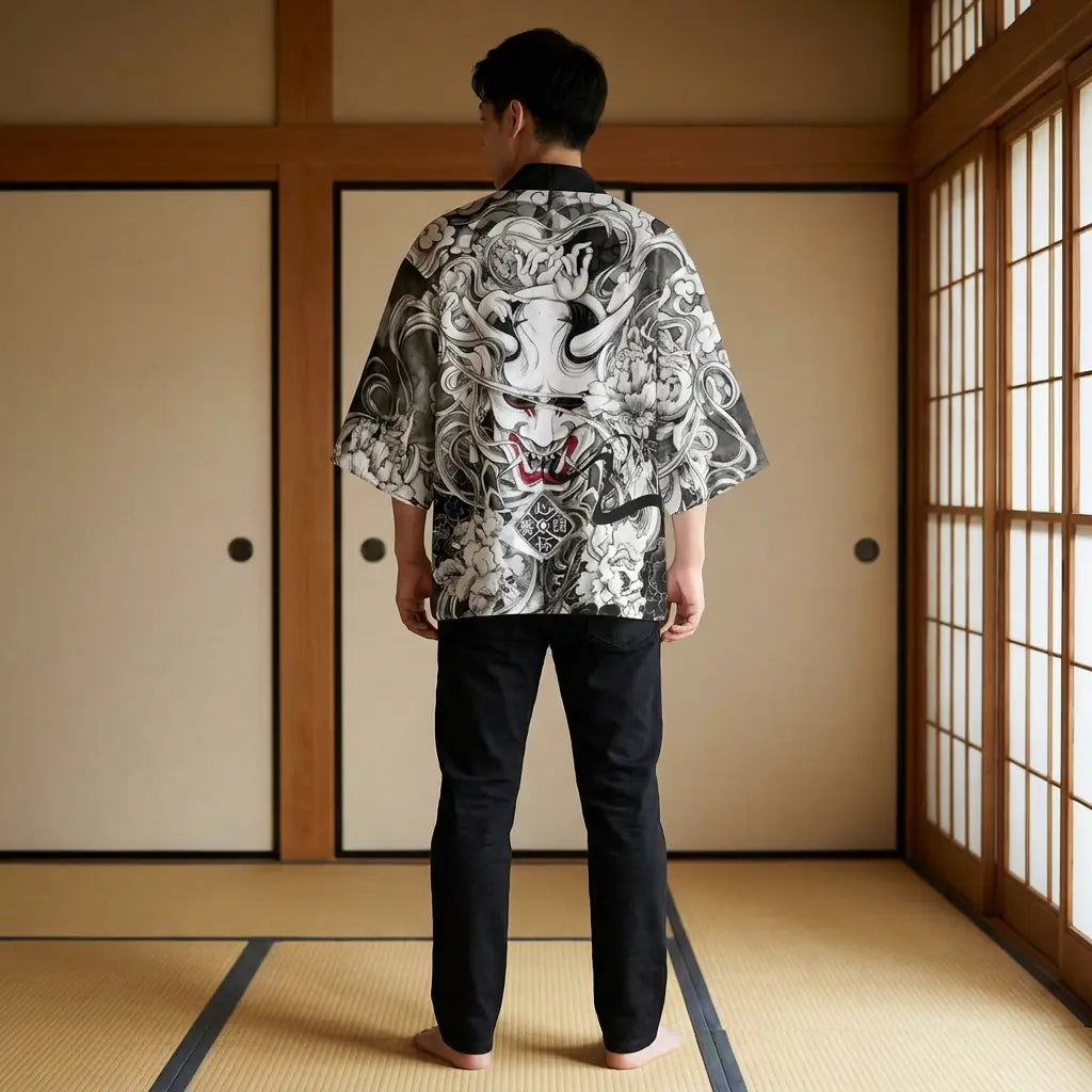 Rückansicht der Haori Jacke mit vollständigem Oni-Dämon Design
