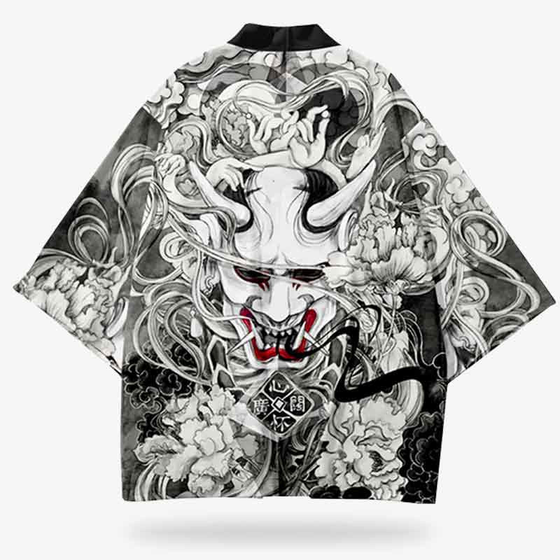 Haori Kimono Jacke für Herren mit Oni-Dämon Design in Schwarz-Weiß mit roten Akzenten