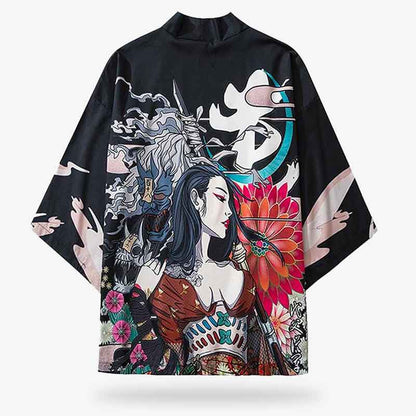 Schwarze Anime Haori Kimono Jacke mit Oni Dämon und Samurai Kriegerin Print