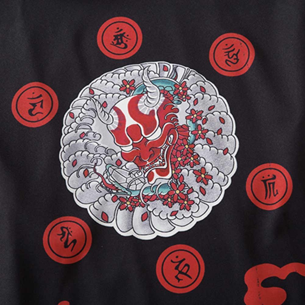 Kimono Stoff mit gedrucktem Oni Dämon Symbol in Rot und Schwarz