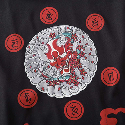 Kimono Stoff mit gedrucktem Oni Dämon Symbol in Rot und Schwarz