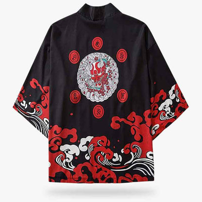 Schwarze Haori Jacke mit rotem Oni Dämon Muster und japanischen Wellen
