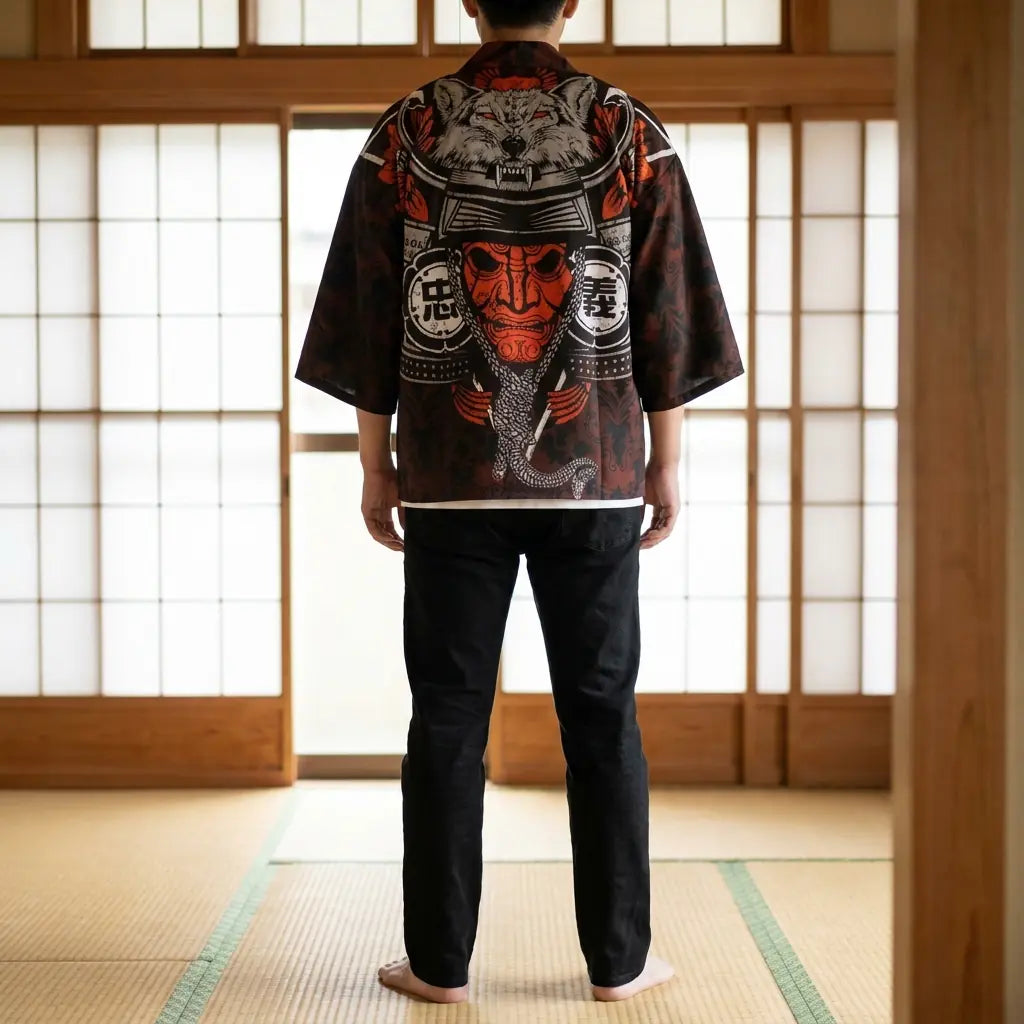 Rückansicht der Haori Jacke im Washitsu Raum mit vollständigem Rückenmotiv