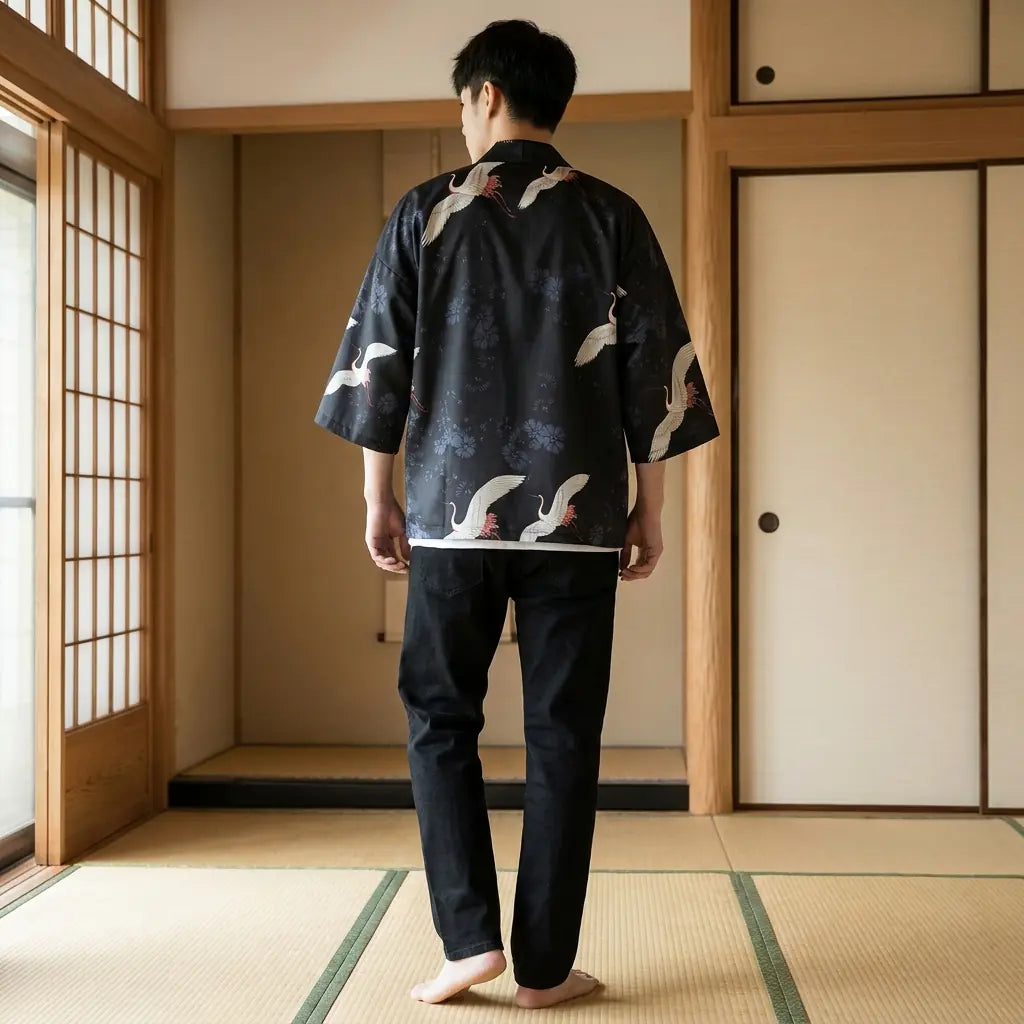 Rückansicht der Haori Kimono Jacke Herren mit vollständigem Rückendesign im Tatami Zimmer