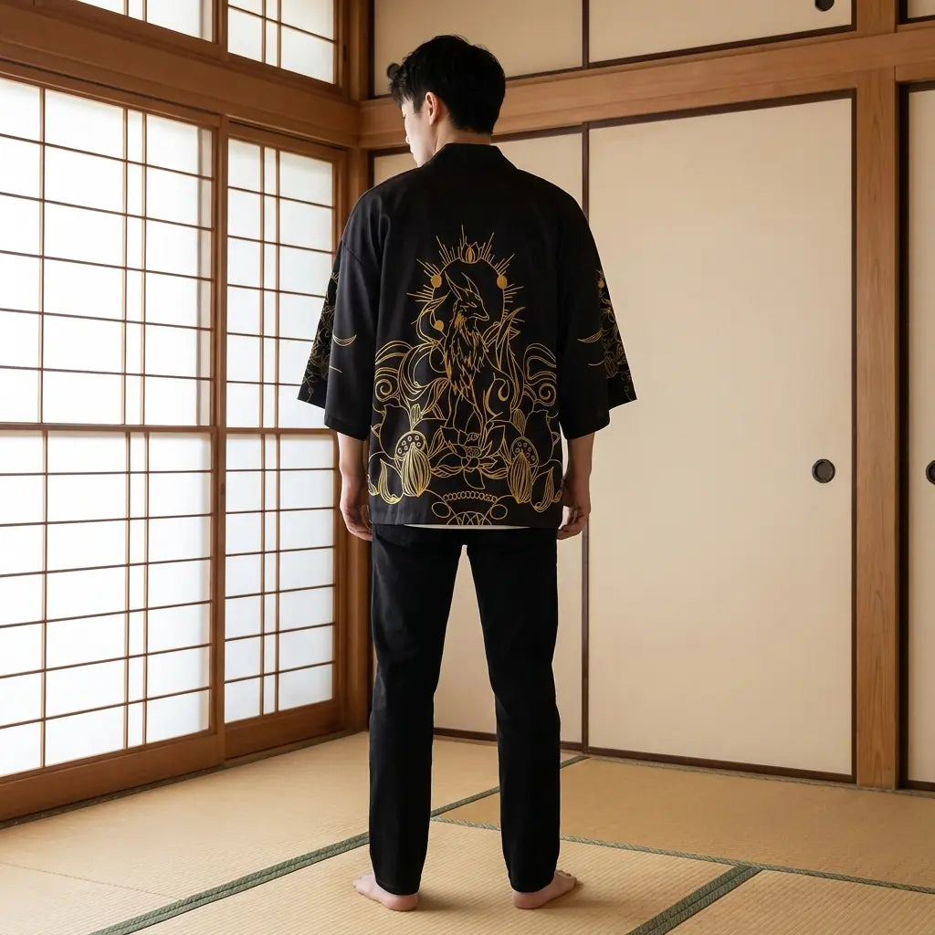 Rückansicht der Haori Jacke mit Kitsune Muster im Washitsu Raum, vollständiges Rückendesign sichtbar