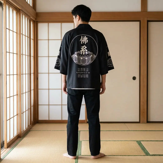 Rückansicht der Haori Jacke mit vollständigem Kanji-Design auf dem Rücken