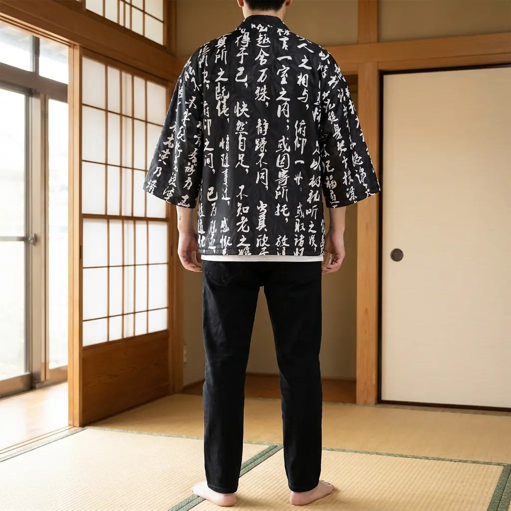 Rückansicht einer Haori Jacke mit vollständigem Rückenprint in einem Washitsu-Raum