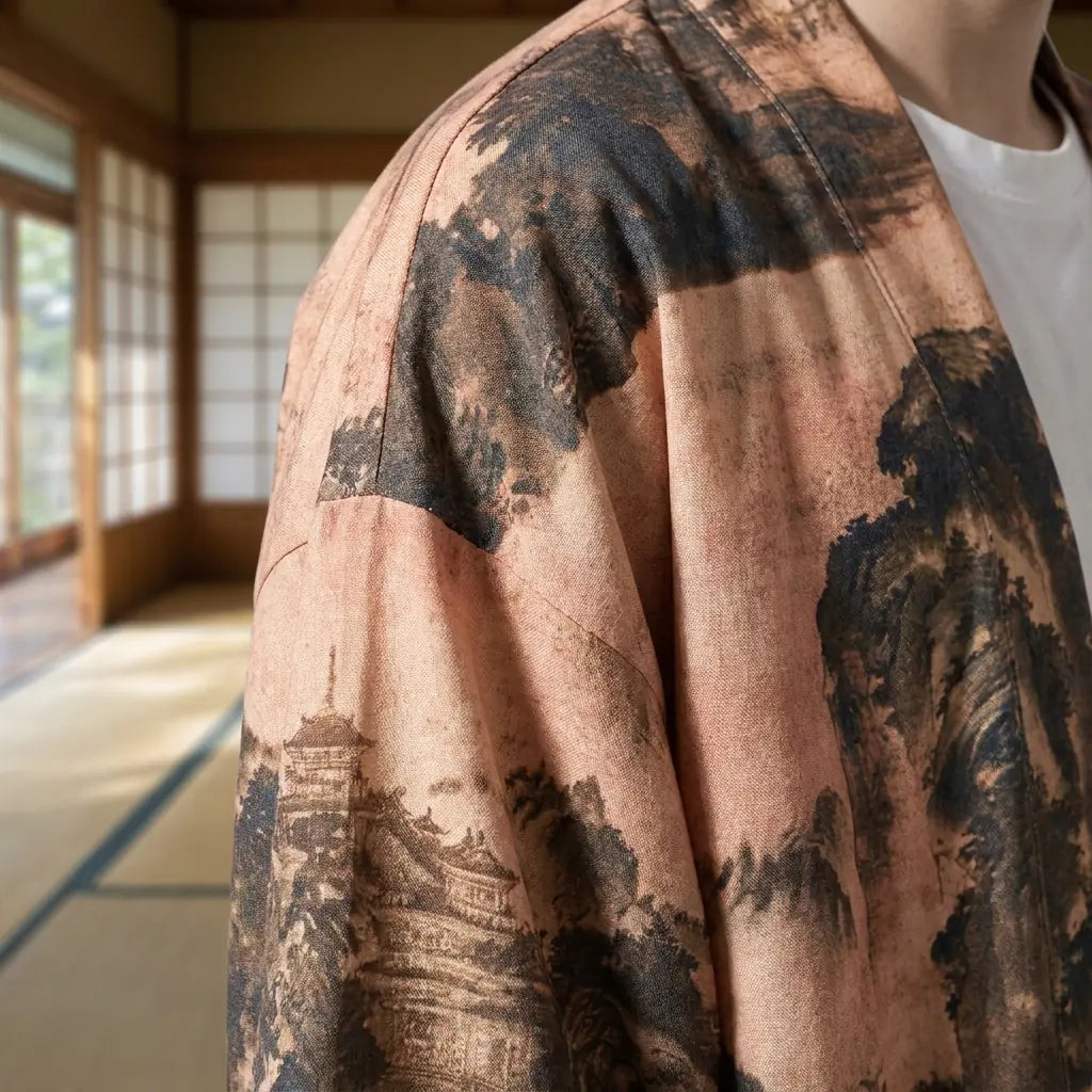 Nahaufnahme des gedruckten Rückendesigns der Haori Kimono Jacke