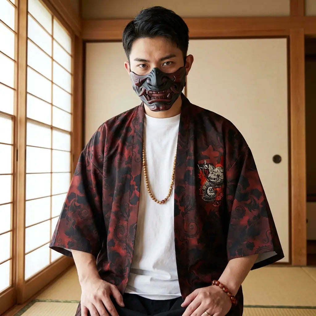 Mann trägt Haori Jacke im Samurai Stil in traditionellem japanischen Raum mit Shoji Wänden