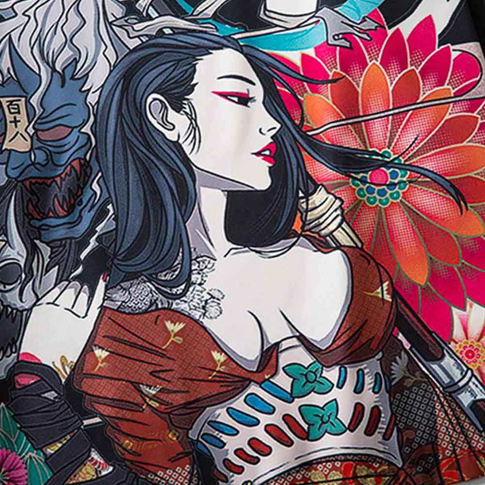 Samurai Kriegerin Motiv auf einer Anime Haori Jacke aus Baumwolle