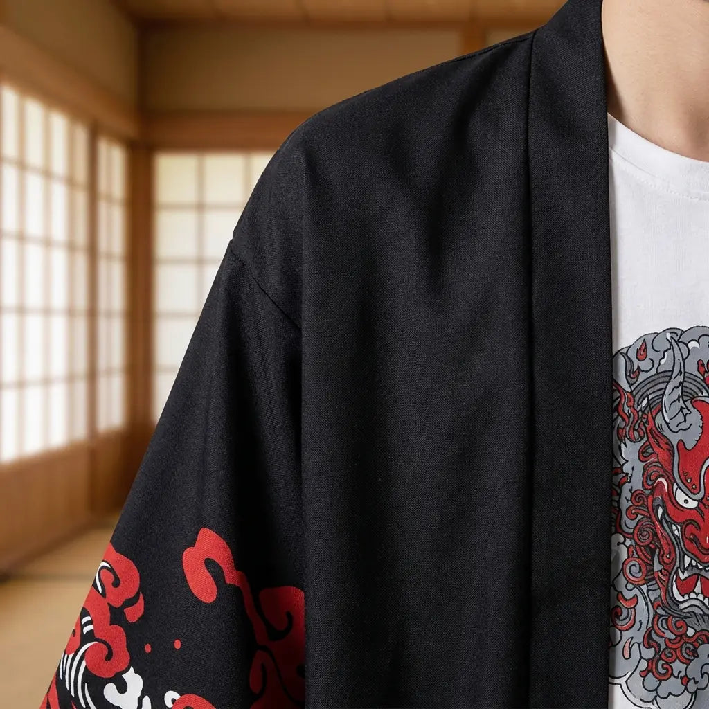 Nahaufnahme von Ärmel und Stoffdruck der schwarzen Haori Jacke mit Oni Motiv