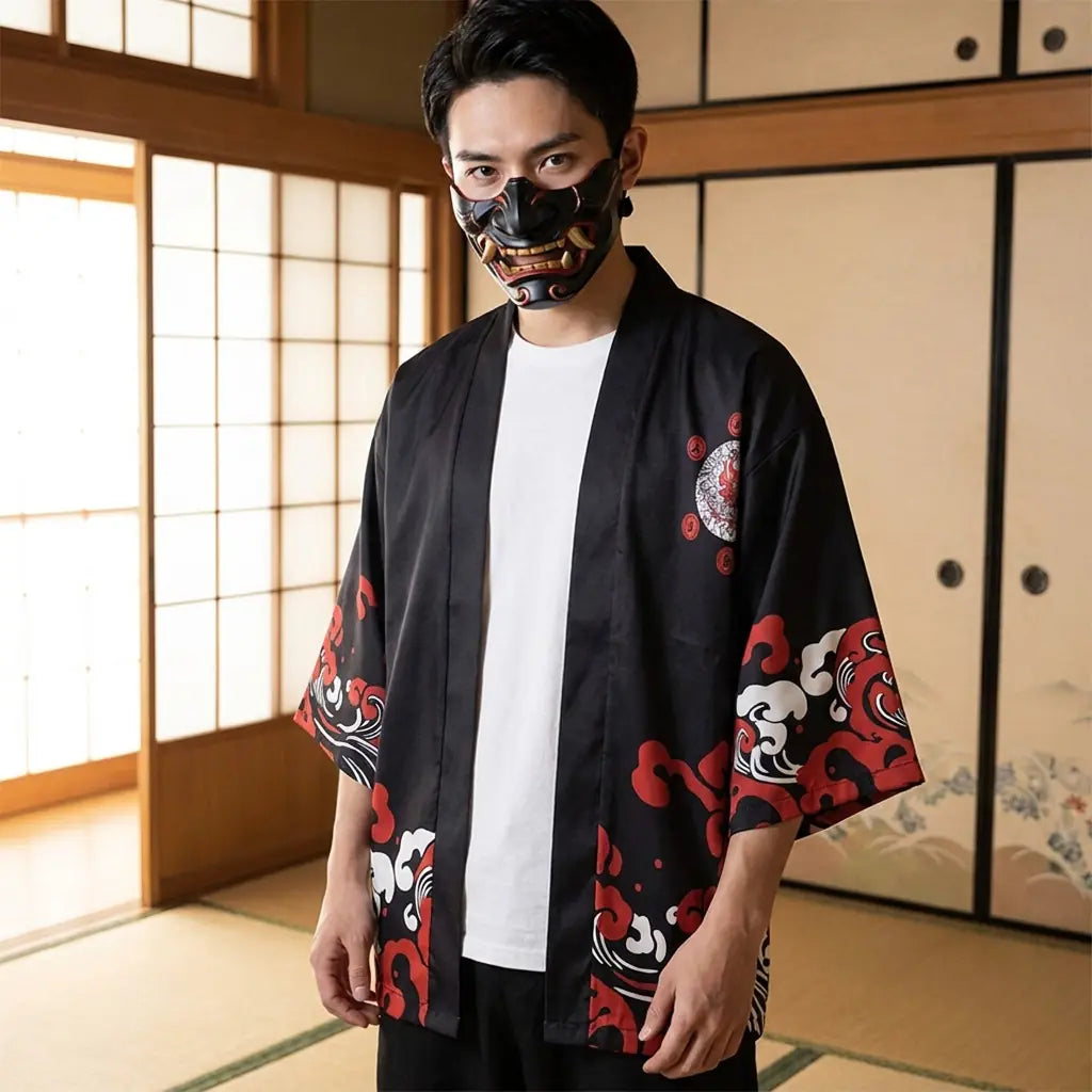 Mann trägt schwarze Haori Jacke mit Oni Print in traditionellem japanischen Raum