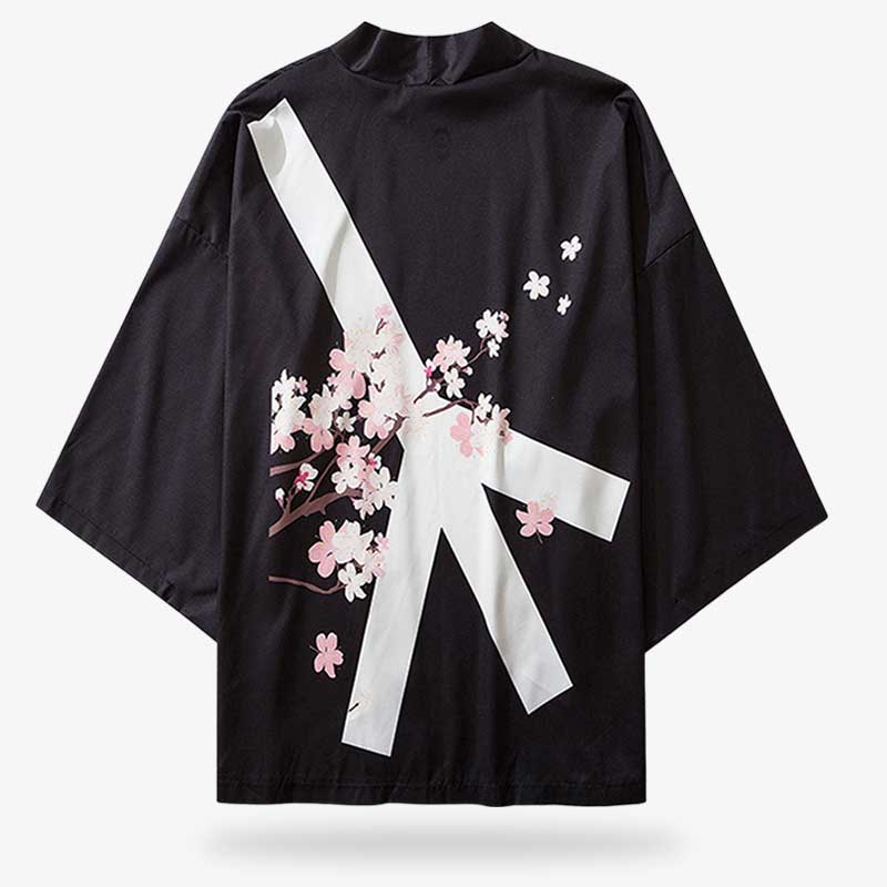 Schwarze Haori Kimono Jacke mit weiß rosa Sakura Blütenmuster