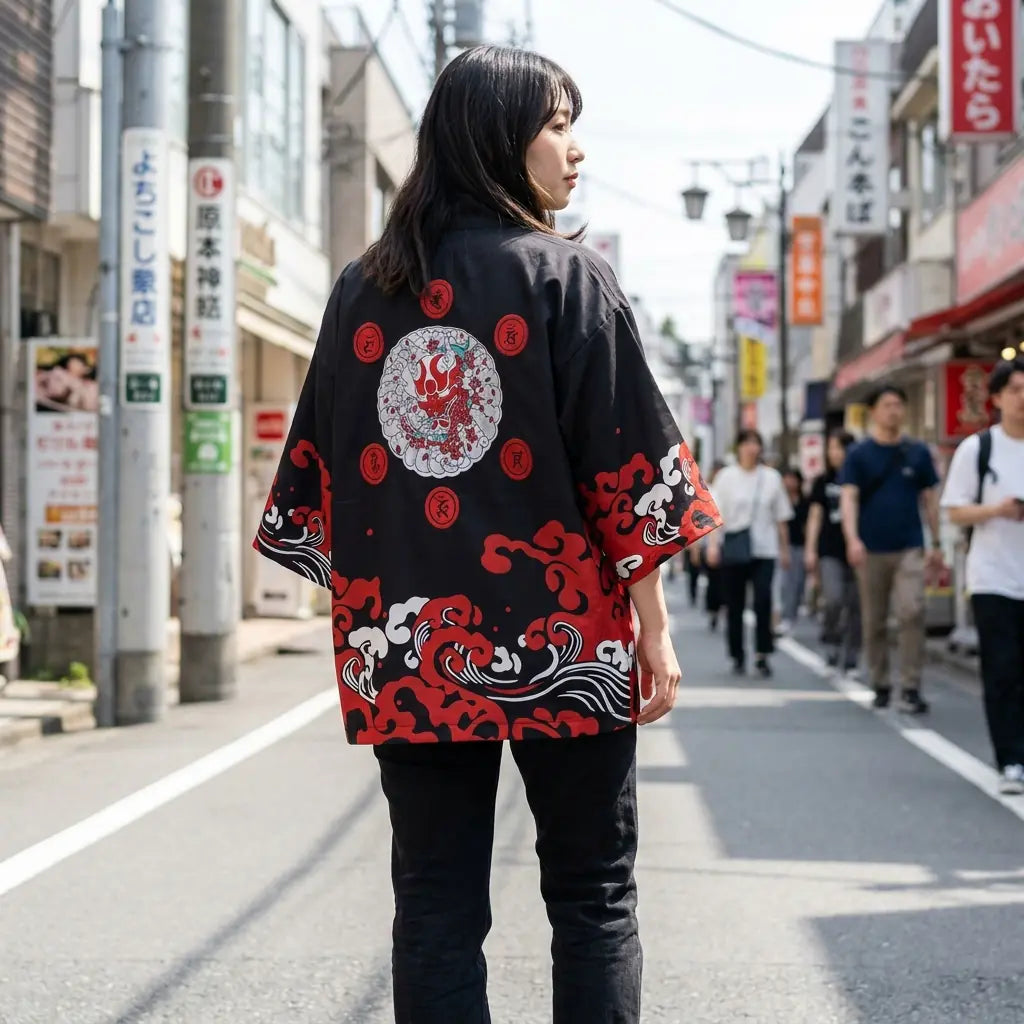 Frau von hinten in schwarzer Haori Jacke in einer urbanen japanischen Straße