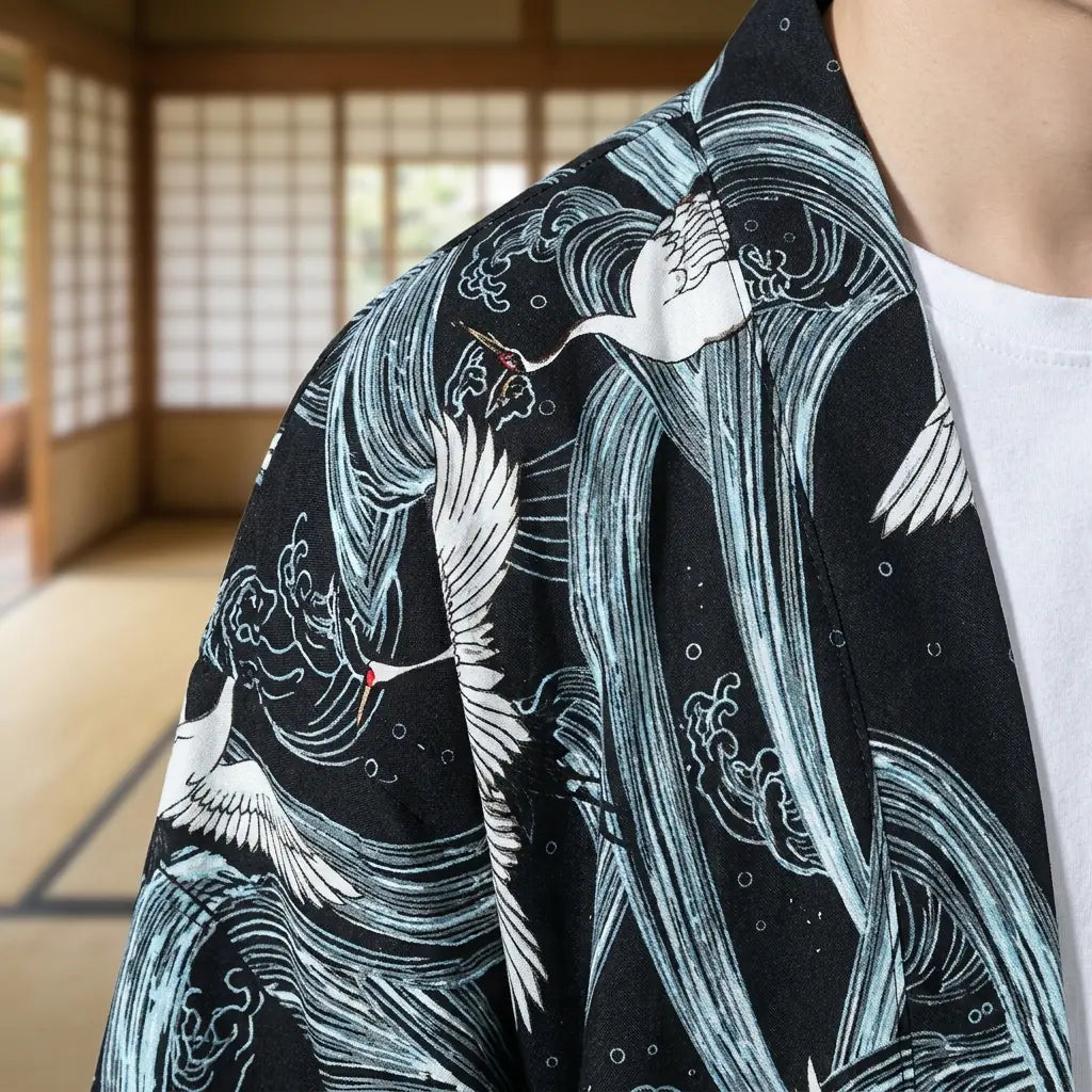 Nahaufnahme der Rückenstickerei der Haori Jacke im Kimono-Stil