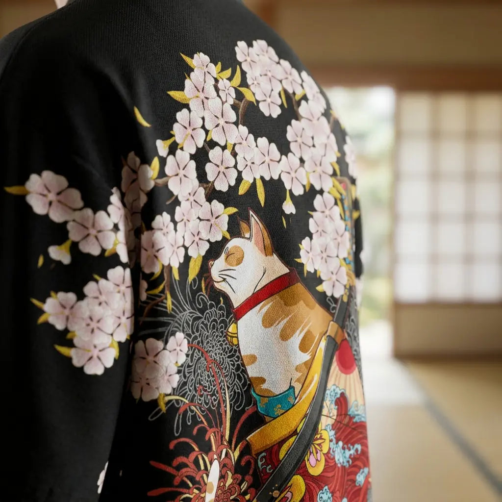 Nahaufnahme der Rückenstickerei einer Haori Kimono Jacke