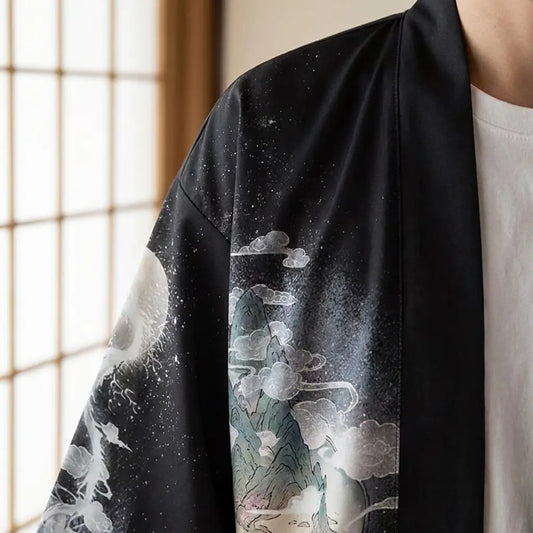 Nahaufnahme von Stoffdruck und Ärmel der Haori Jacke Yume Yukata