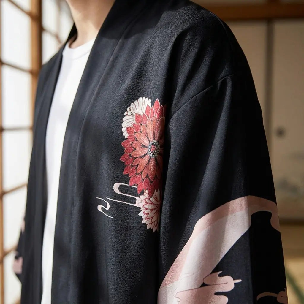 Nahaufnahme von Stoff und Ärmel der Anime Haori Jacke