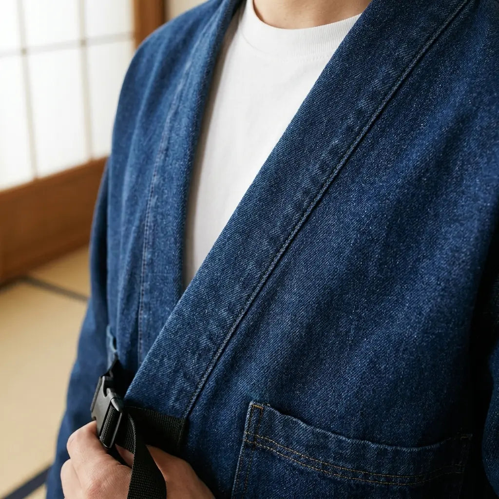 Nahaufnahme von Stoff und Ärmel der blauen Haori Jacke