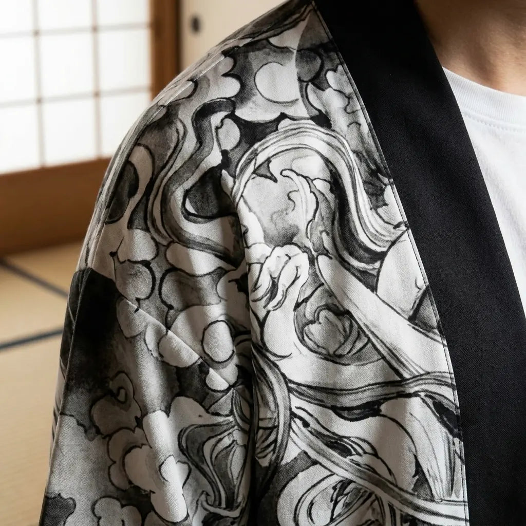 Nahaufnahme von Stoffdruck und Ärmel der Haori Kimono Jacke