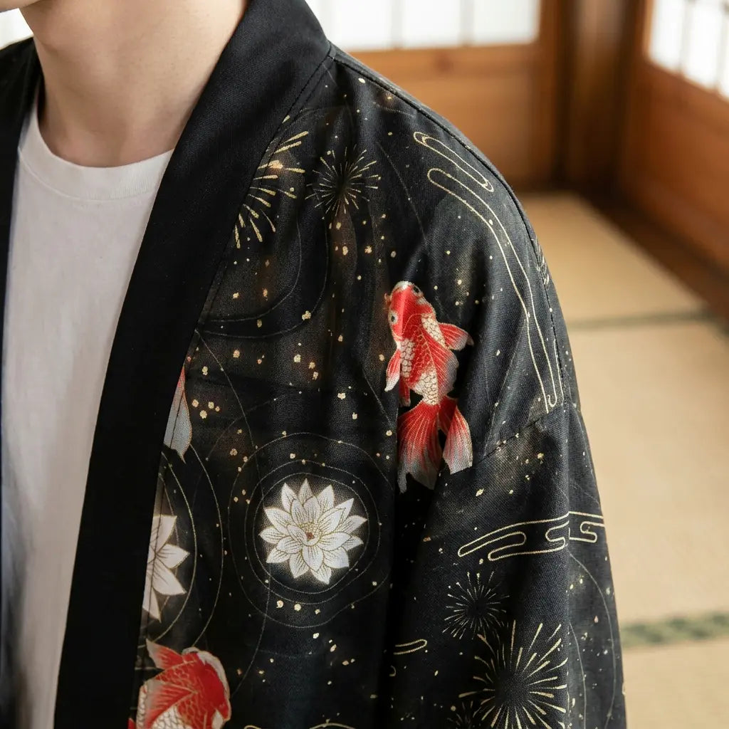 Nahaufnahme von Stoff und Ärmel der Haori Jacke mit Koi Motiv