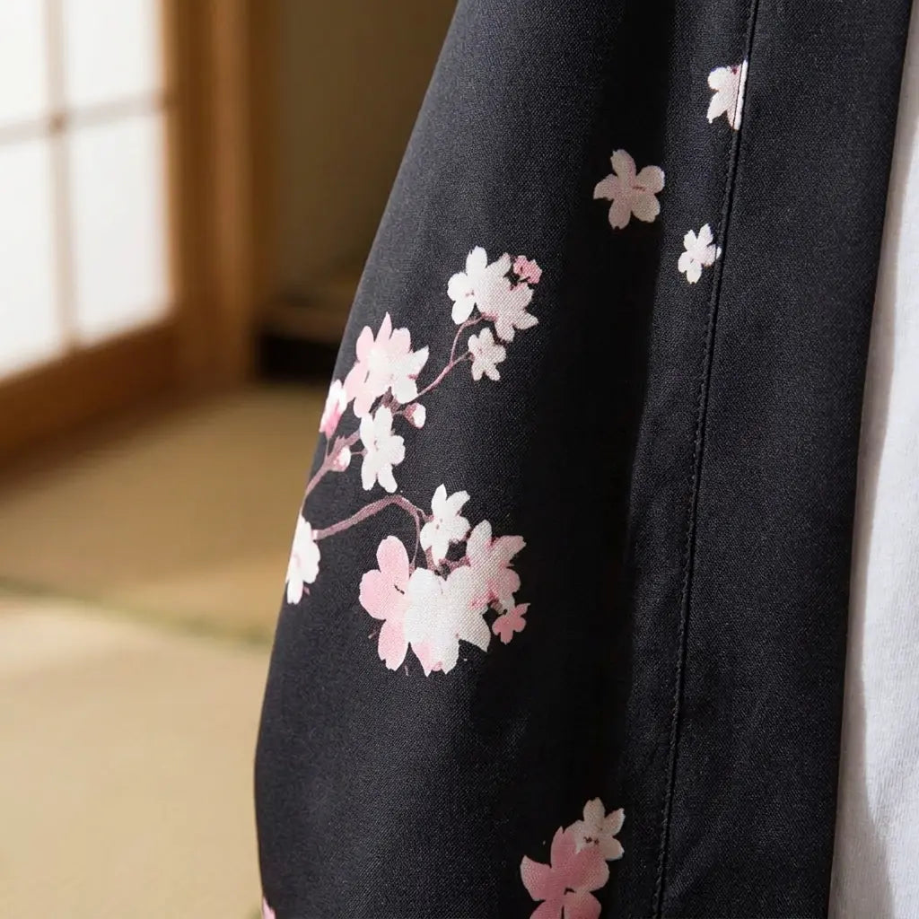 Nahaufnahme von Stoffdruck und Ärmel der Haori Kimono Jacke