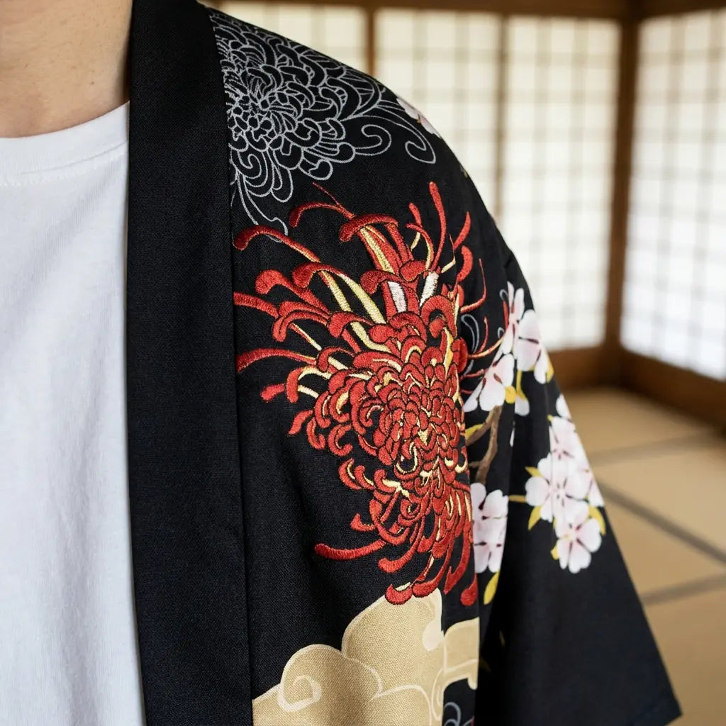 Nahaufnahme von Stoffdruck und Ärmel einer Haori Kimono Jacke