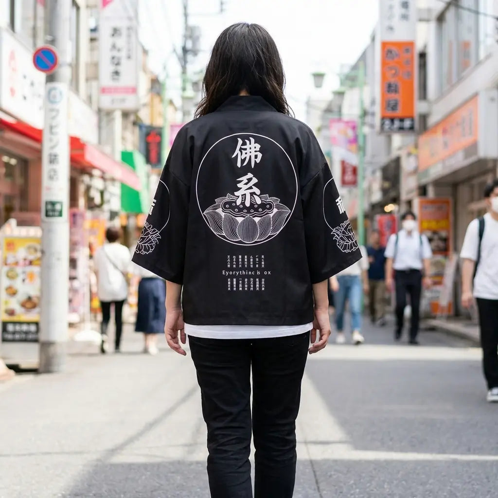 Frau von hinten in Haori Jacke im urbanen Streetstyle-Look