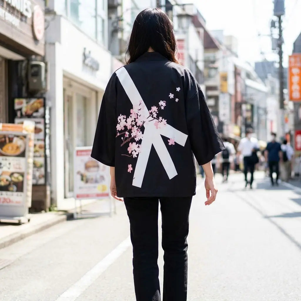 Frau von hinten in Haori Kimono Jacke auf einer Straße in Harajuku