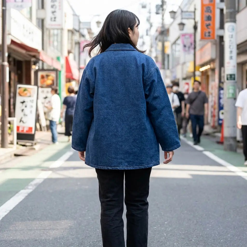 Frau von hinten in blauer Haori Jacke auf einer Harajuku Straße
