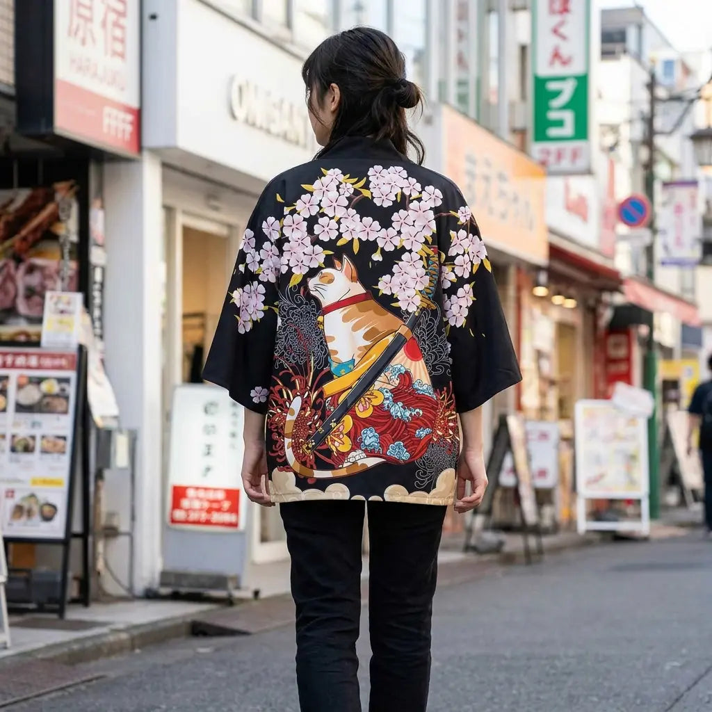 Frau von hinten in Haori Kimono Jacke auf einer Straße im Streetstyle