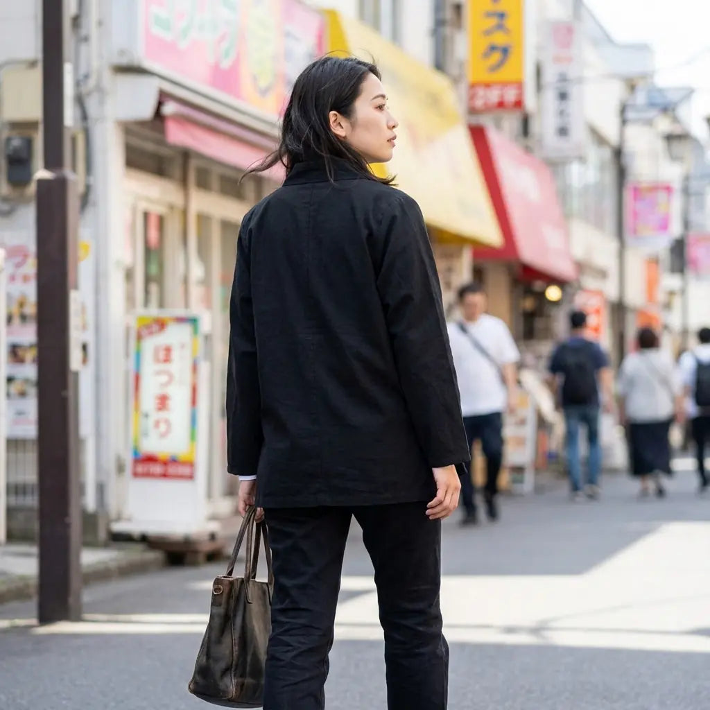 Frau von hinten in japanischer Haori Jacke Samue auf Harajuku Straße