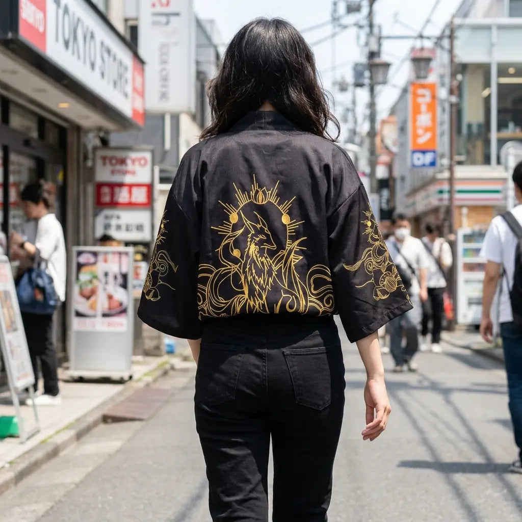 Frau von hinten gesehen trägt Haori Jacke mit Kitsune Muster in Harajuku Straße