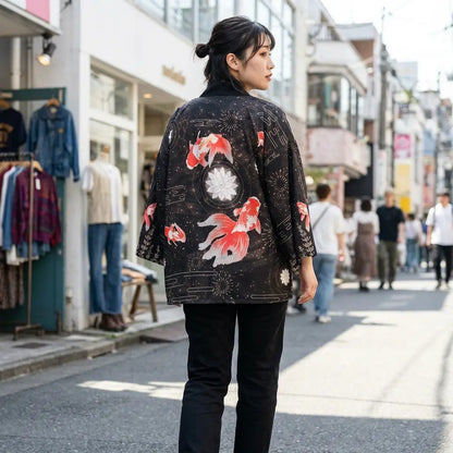 Frau von hinten mit Haori Jacke in einer Straße in Harajuku