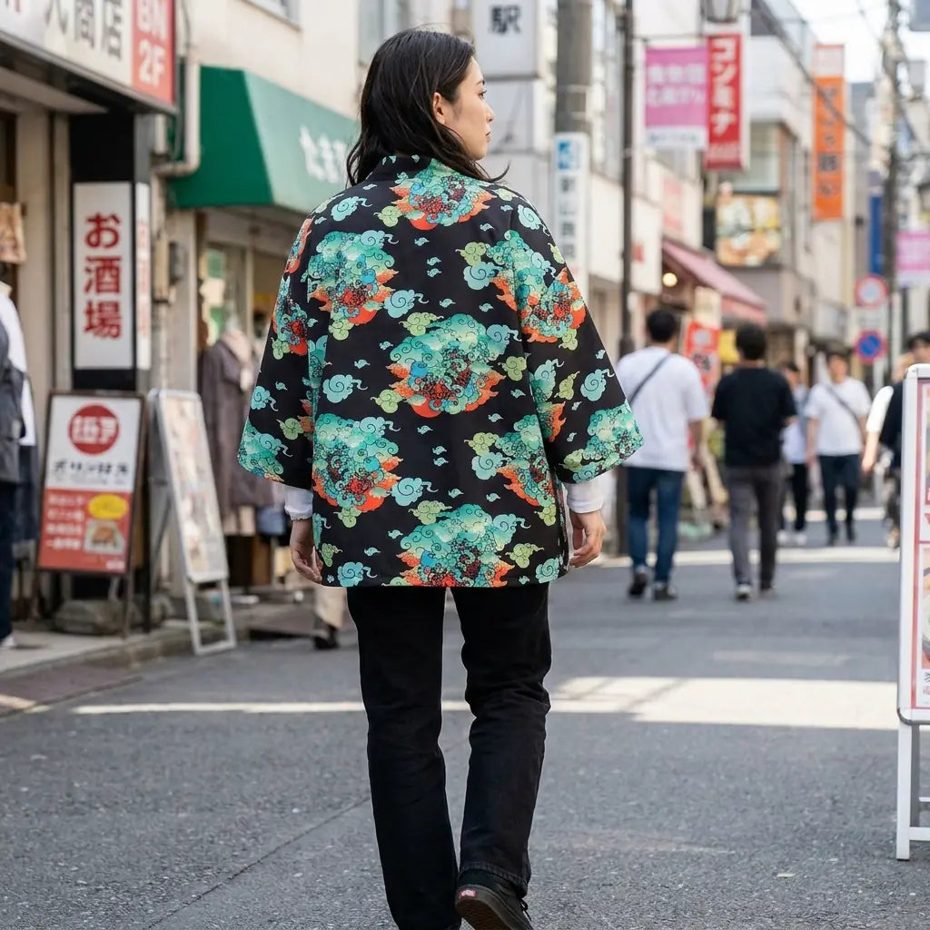 Frau von hinten in Haori Jacke Streetwear auf einer Straße in Harajuku