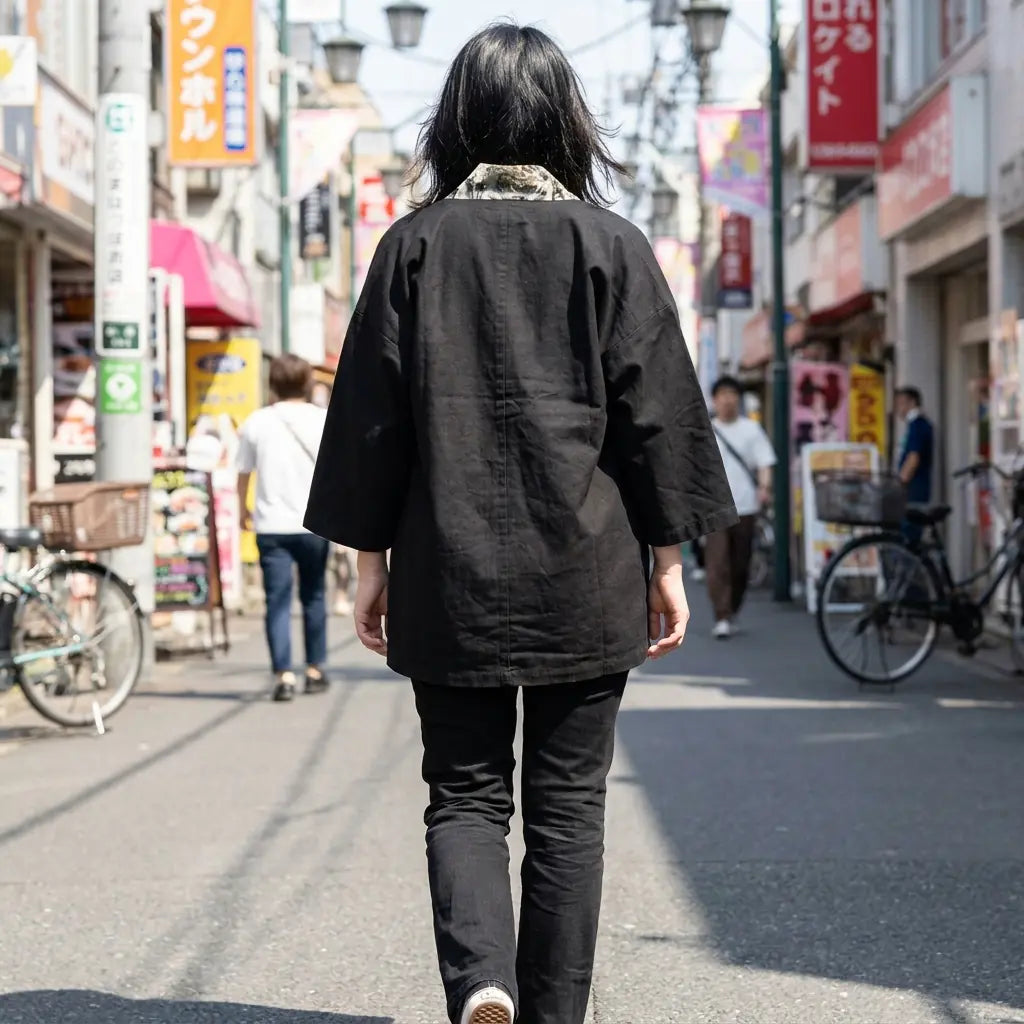 Frau von hinten in Haori Kimono Jacke auf einer belebten Straße