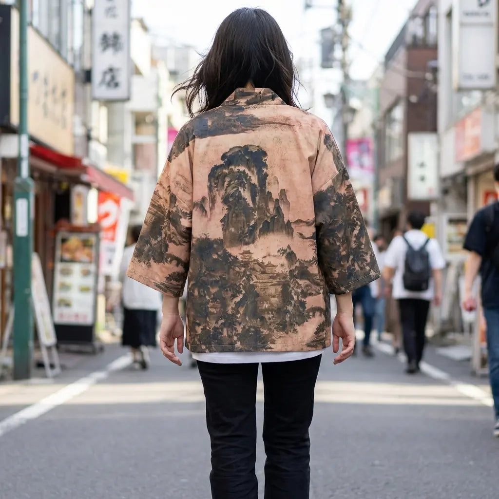 Frau von hinten in Haori Kimono Jacke im urbanen Streetwear-Look