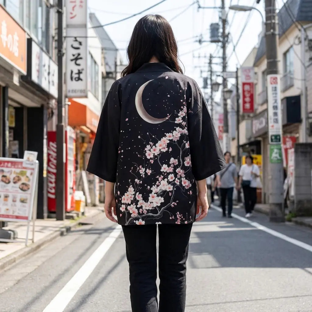 Frau von hinten in Haori Kimono Jacke mit Mond-Print auf einer Straße