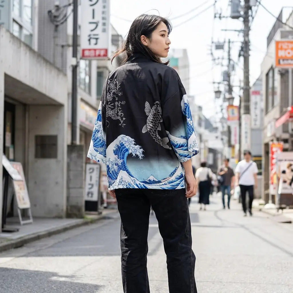 Frau von hinten in Haori Jacke im urbanen Streetwear-Look auf der Straße