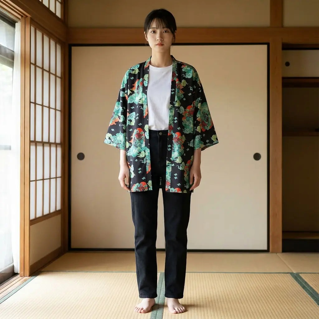 Frau trägt Haori Jacke Streetwear mit Wolkenmuster vor Tatami und Shoji-Elementen